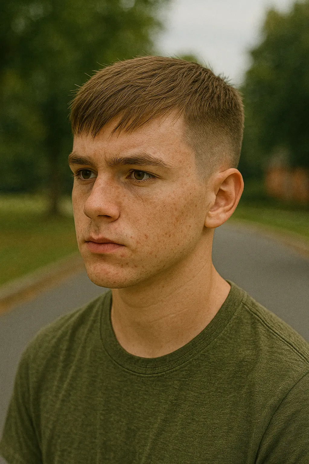 Brushed Forward and Swept with Low Taper Fade