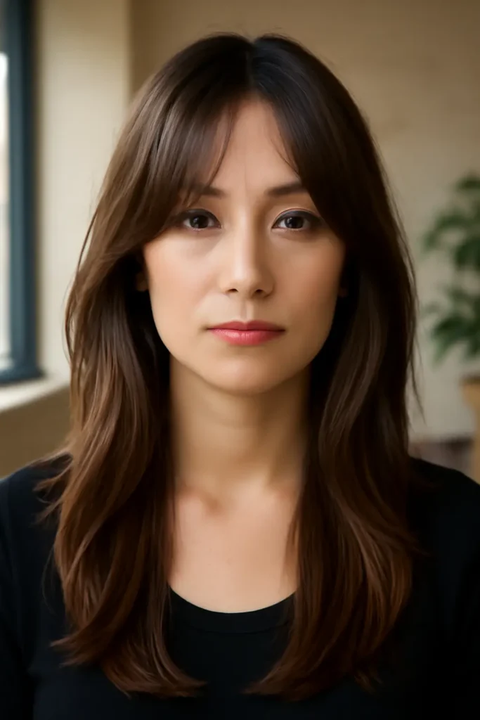 Curtain bangs face frame long layered hair front