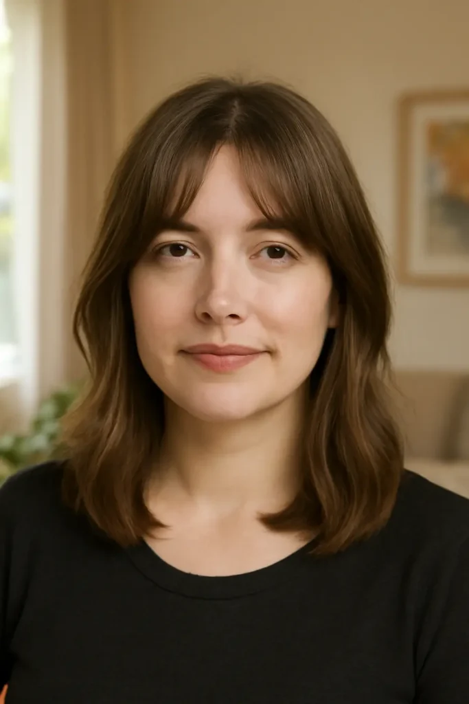 Shoulder-length hair with curtain bangs