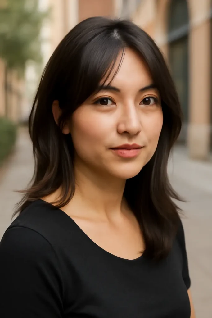 Side shoulder length hair with curtain bangs