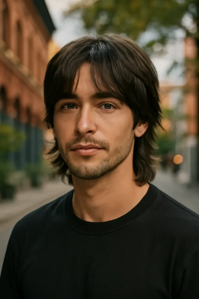 Wolf cut with curtain bangs men